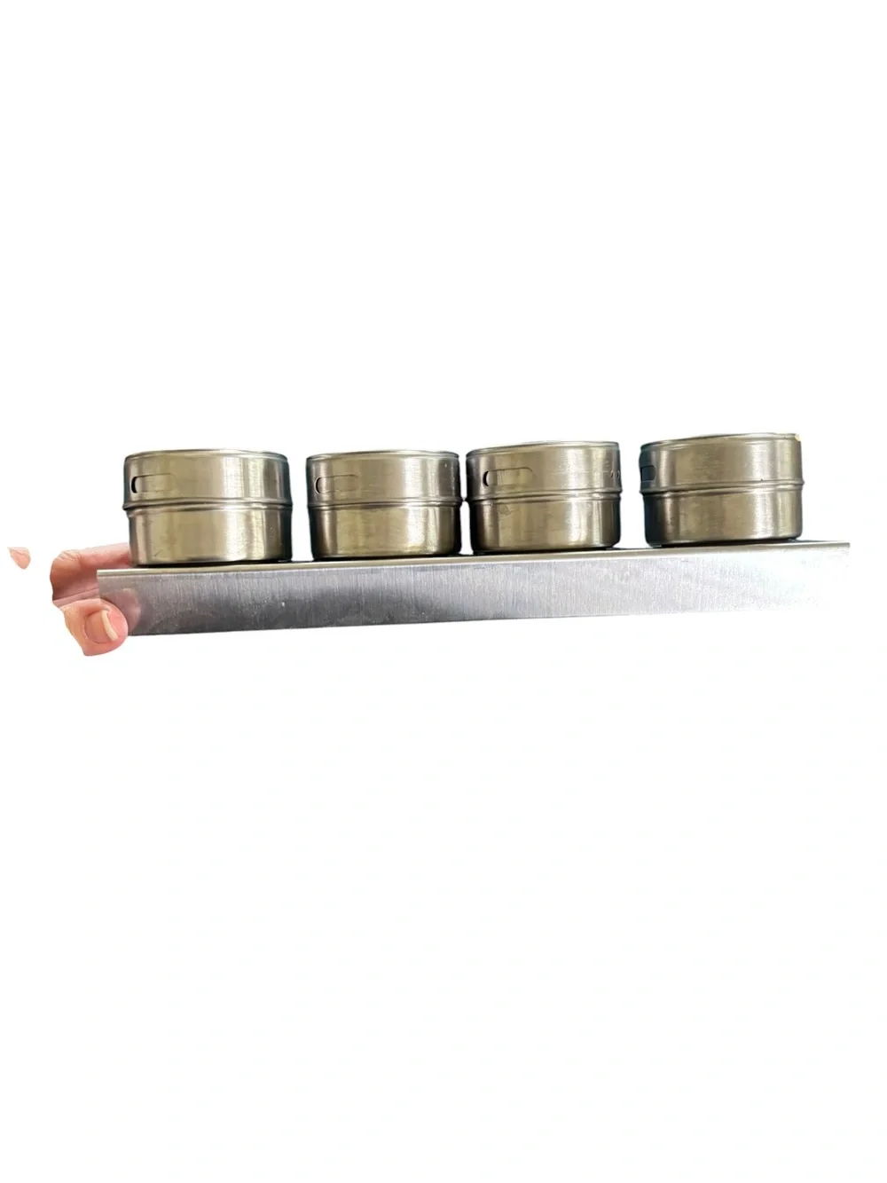 Set 4 Magnetic Spice Jars W/Covers Silver Metal On Rack Dispenser Holes Kitchen